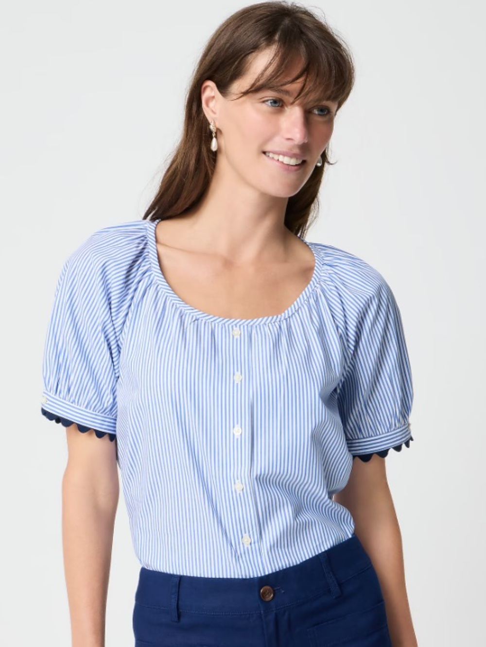 NWOT J Crew Women's Blue Stripe Button-Front Puff Sleeve Top